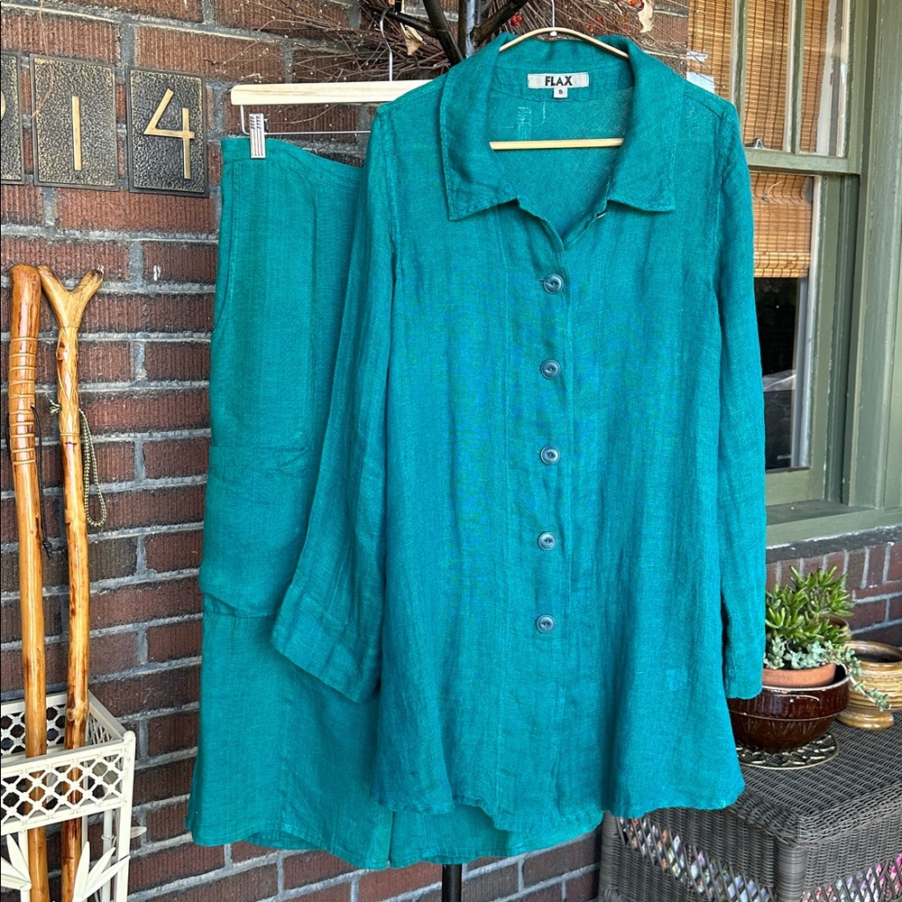 Flax teal green linen Lagenlook 2pc pants tunic/jacket. Size Small